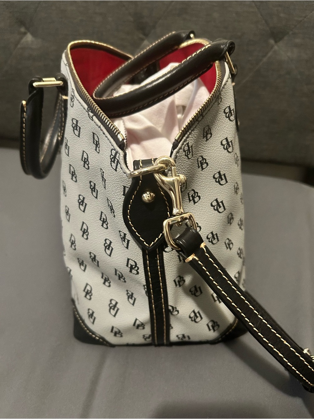Dooney & Bourke Cream and Black Logo Dome Satchel - Picture 4 of 5